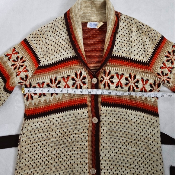 Vintage Boho 60's 70's Fall Color Aztec Button Front Belted Cozy Long Sweater - Picture 7 of 14